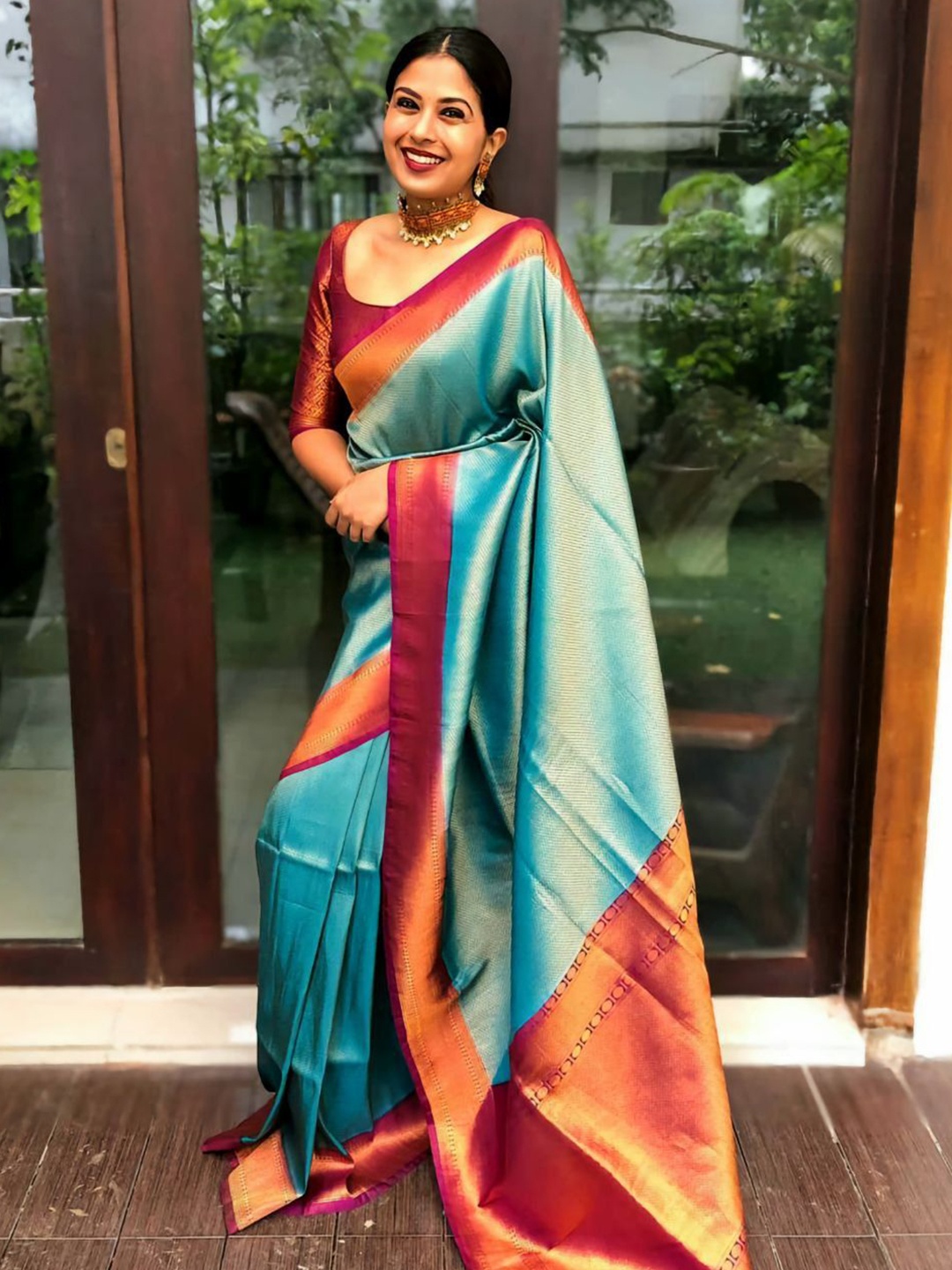 

Wuxi Woven Design Zari Pure Silk Banarasi Saree, Sea green