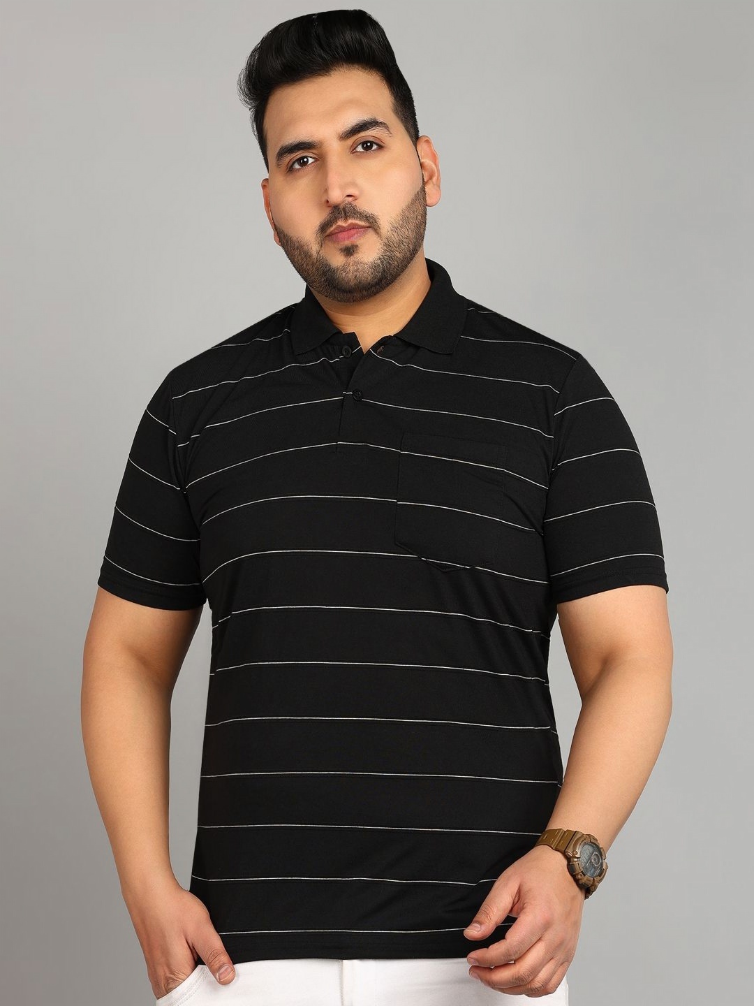 

METRONAUT PLUS Men Plus Size Striped Polo Collar T-shirt, Black