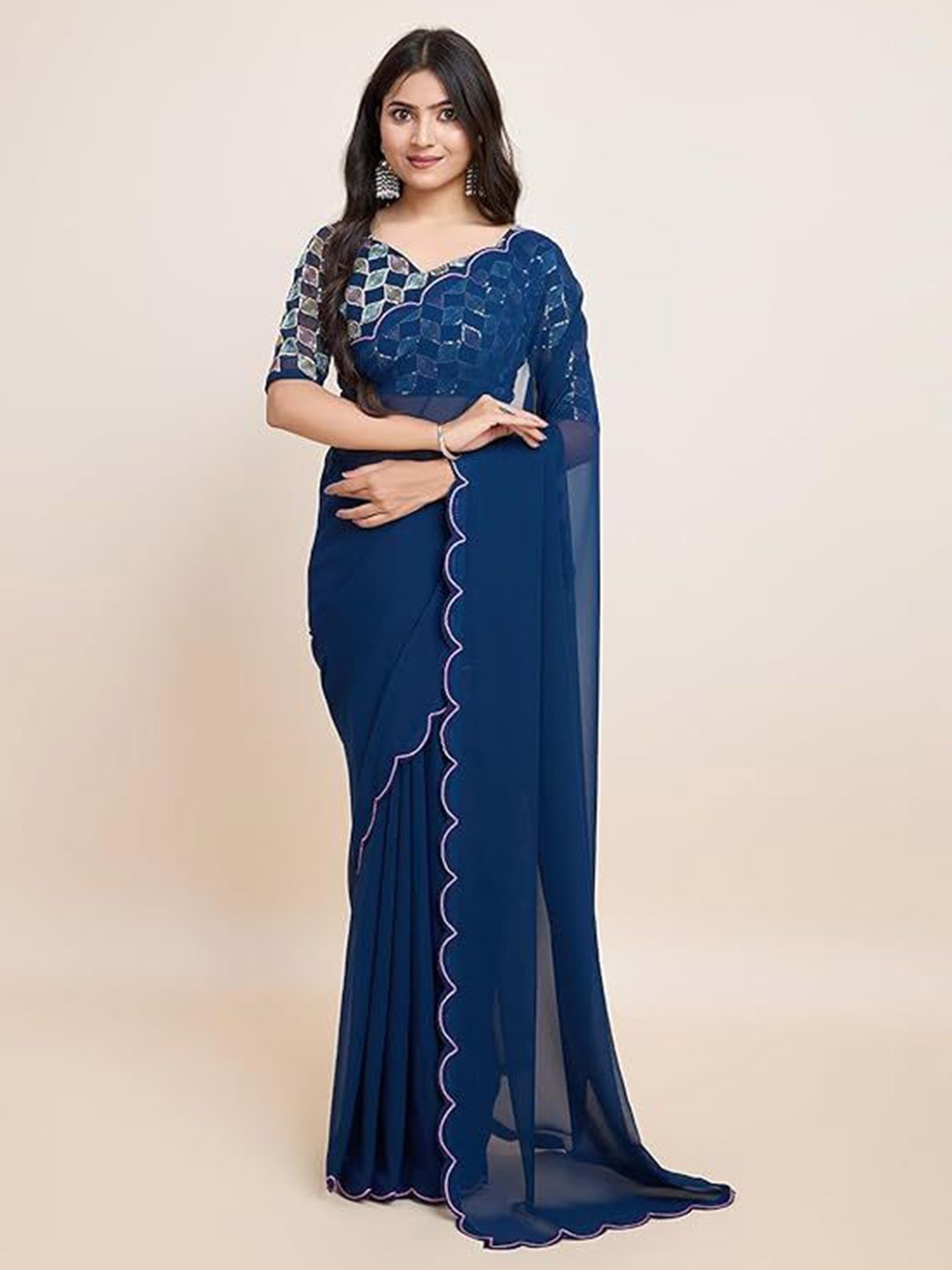 

SWADESI STUFF Embellished Embroidered Pure Georgette Saree, Turquoise blue