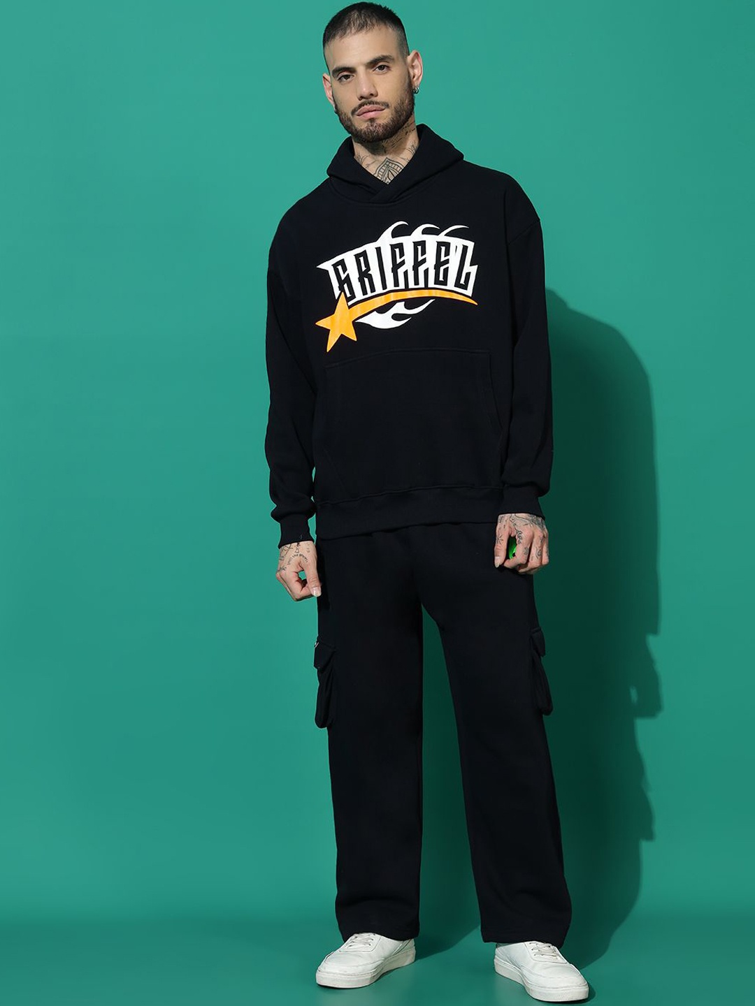 

GRIFFEL Men Brand Logo Printed Mid-Rise Hooded Tracksuits, Black