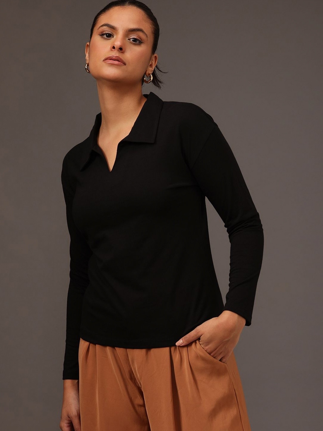 

MINT STREET Women Hooded Drop-Shoulder Sleeves Pockets T-shirt, Black