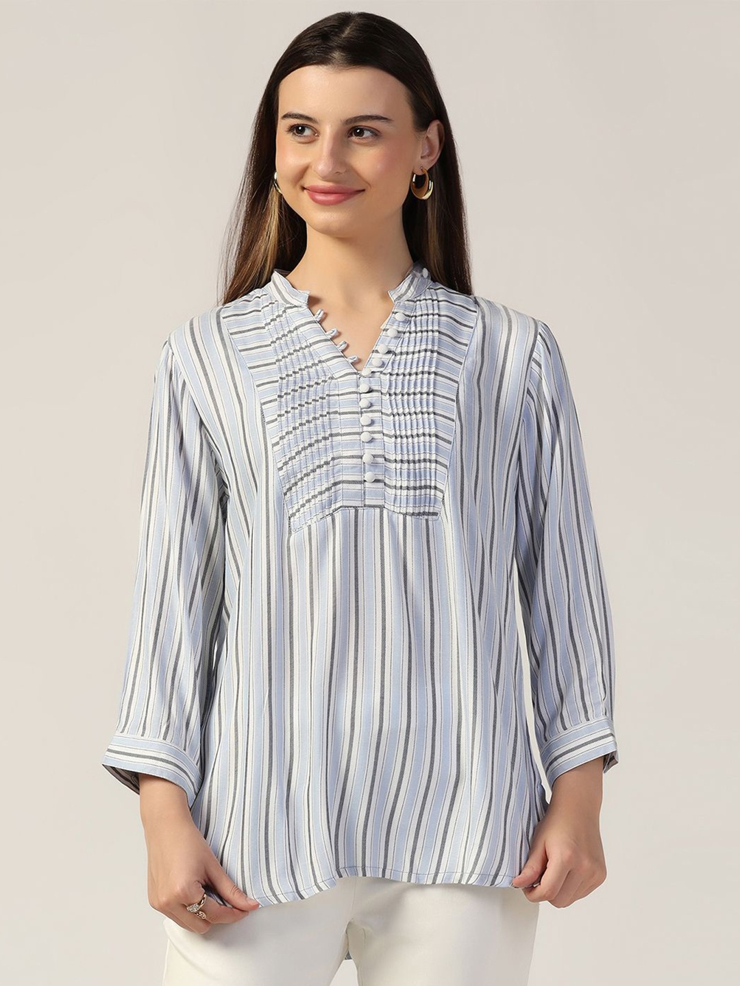 

Mustard Women Vertical Stripes Striped Cotton Regular Top, Blue