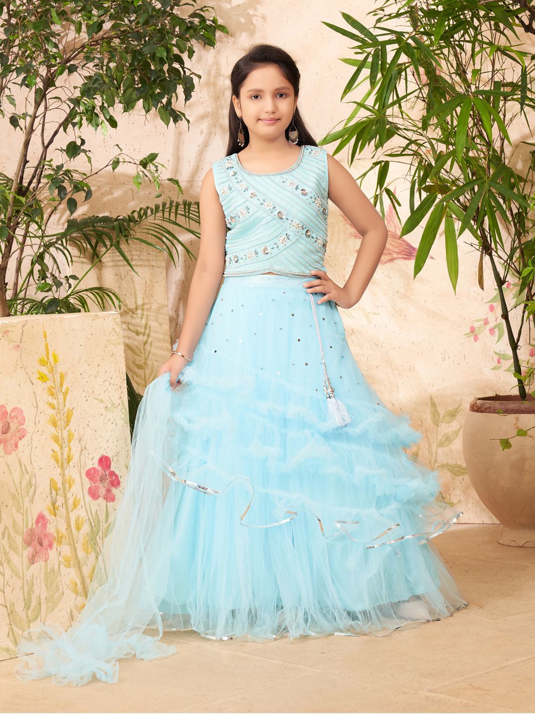 

BAESD Girls Embroidered Beads and Stones Ready to Wear Lehenga & Blouse With Dupatta, Turquoise blue