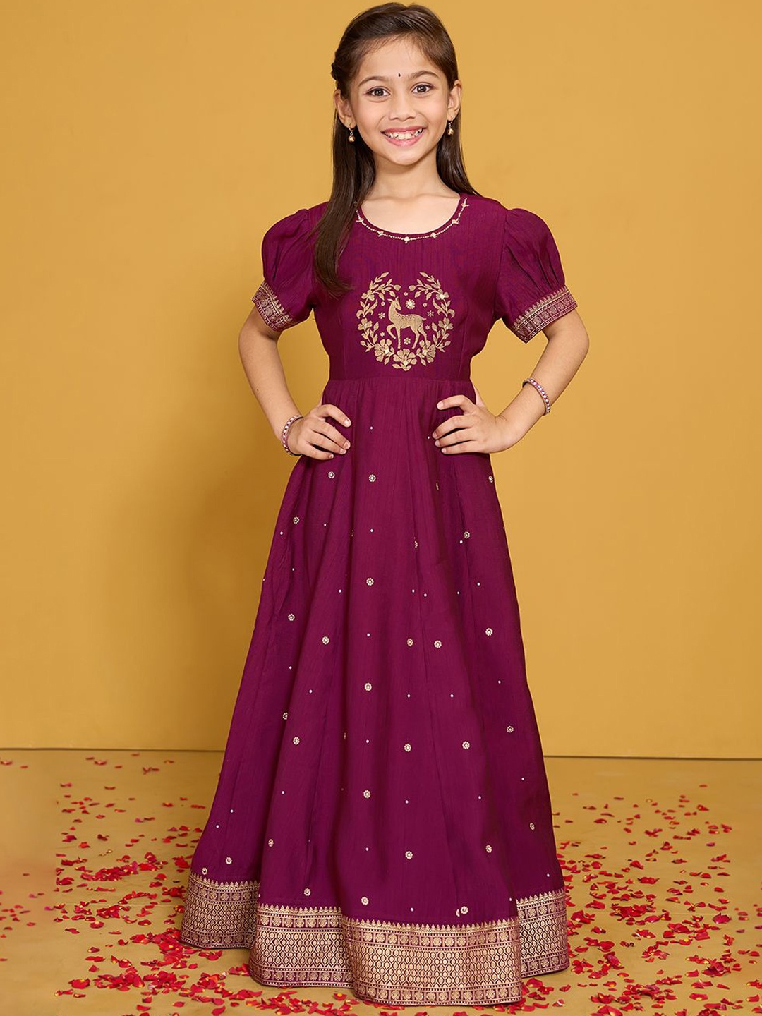 

Maybell Girls Ethnic Printed Silk A-Line Ethnic Dress, Burgundy