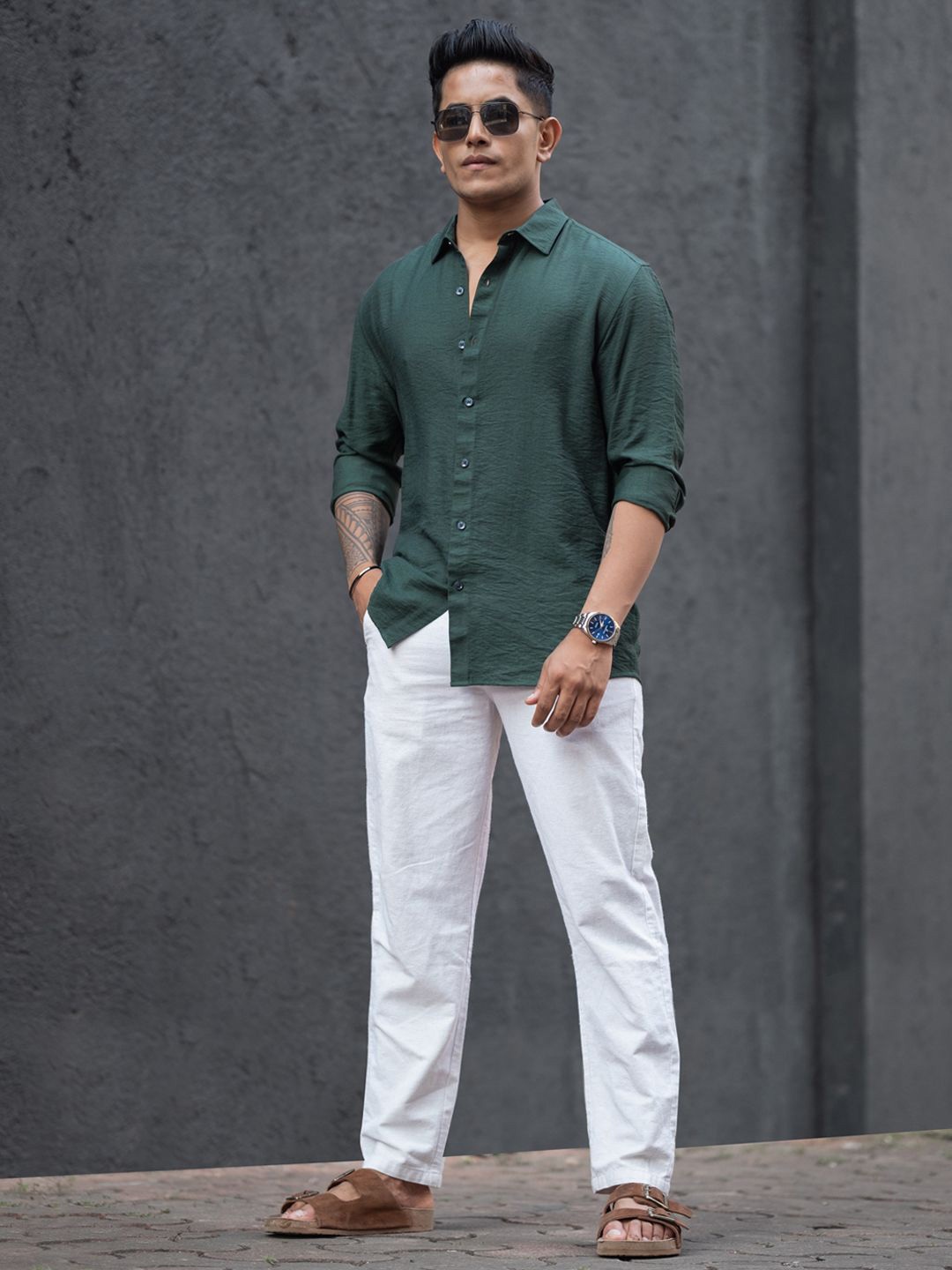 

Powerlook Men Faded Opaque Casual Shirt, Green