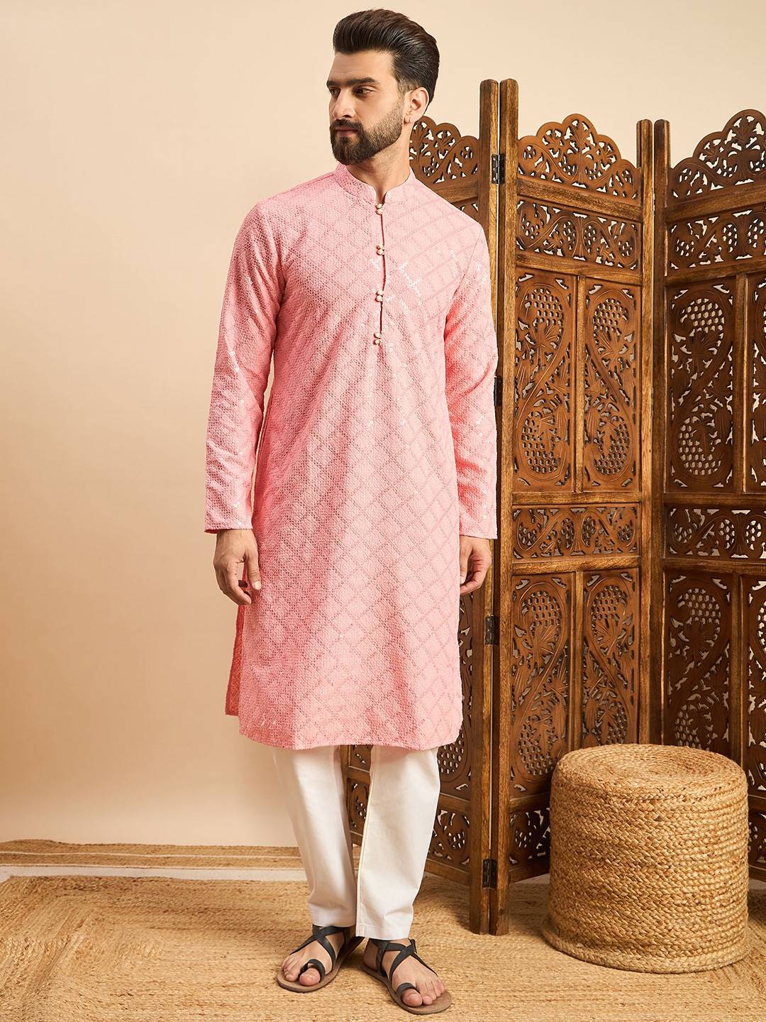 

House of Pataudi Embroidered Mandarin Collar Ethnic Wear Kurta, Pink