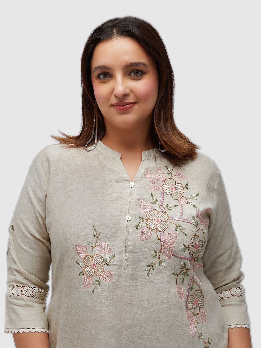 

Presence Floral Embroidered Mandarin Collar Linen Top, Beige