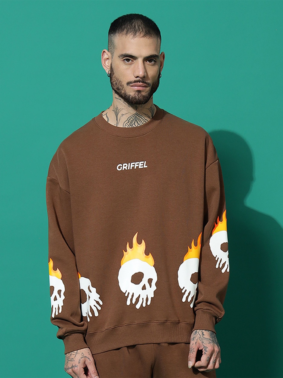 

GRIFFEL Men Printed Pullover Sweatshirt, Coffee brown