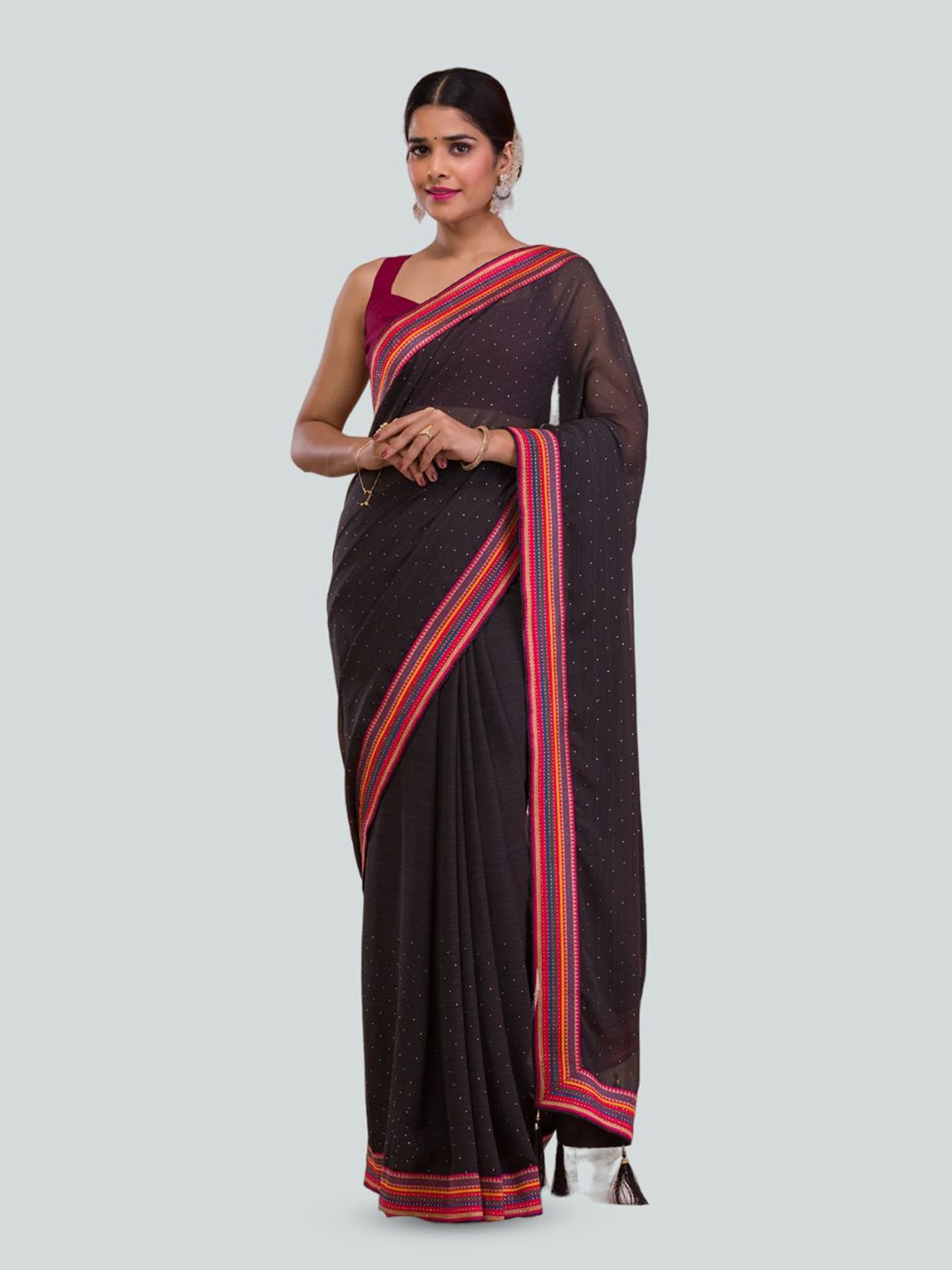 

SWADESI STUFF Embellished Embroidered Pure Georgette Saree, Black