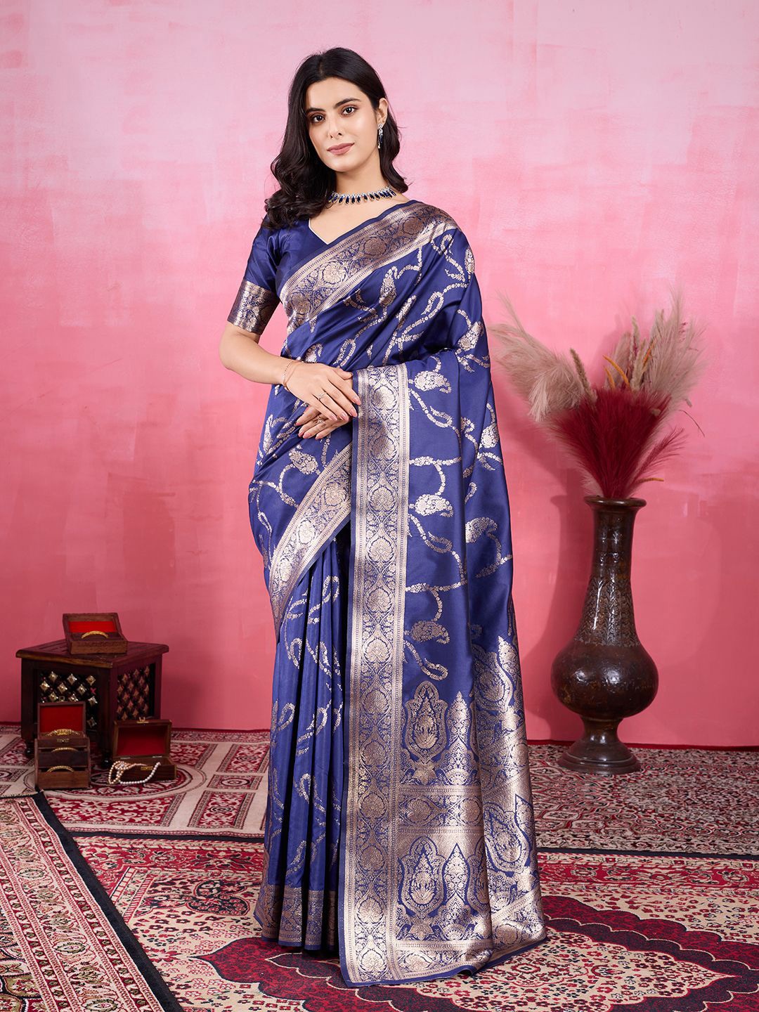 

KALINI Ethnic Motifs Zari Pure Silk Banarasi Saree, Blue