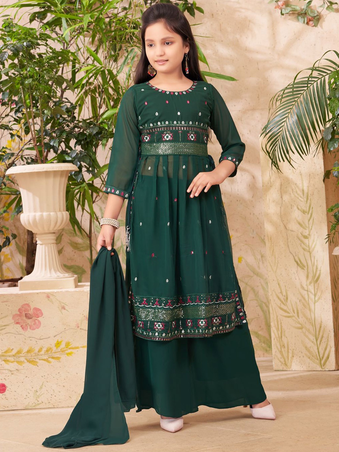 

BAESD Girls Embroidered Regular Thread Work Kurta with Sharara & With Dupatta, Green