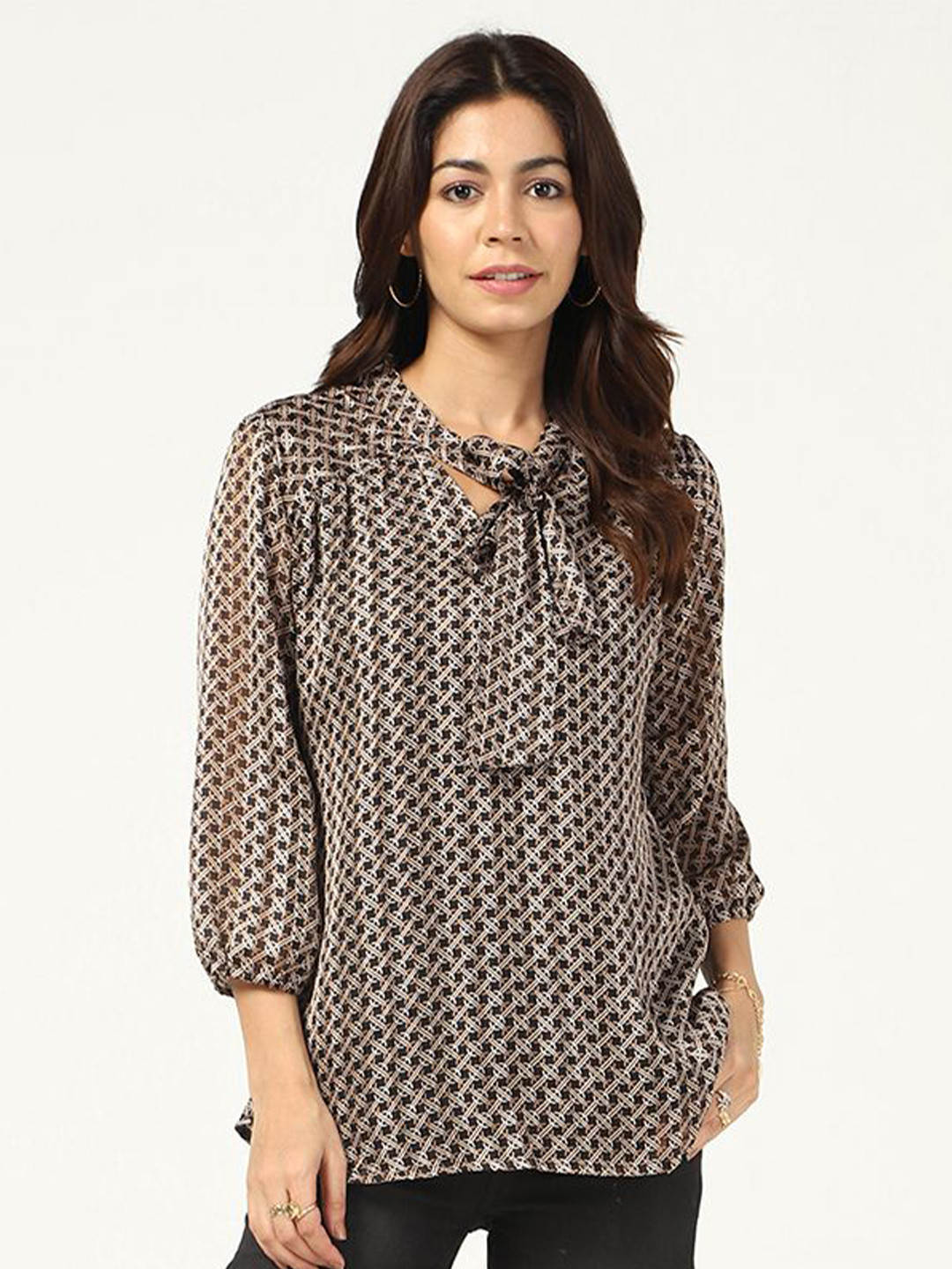

Mustard Women Geometric Printed Tie-Up Neck Regular Top, Black