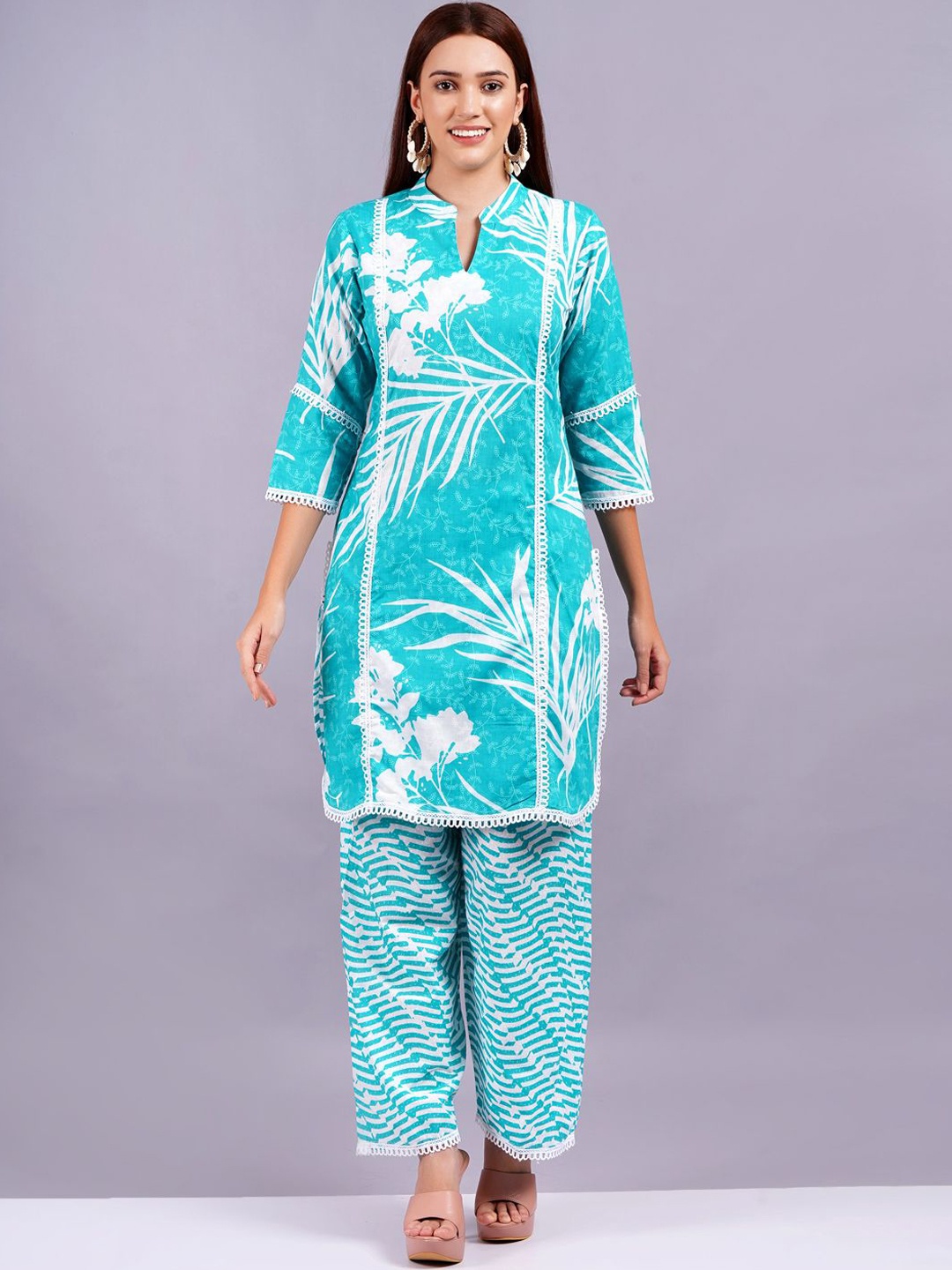 

JC4U Mandarin Collar Printed Pure Cotton Tunic with Trouser, Blue