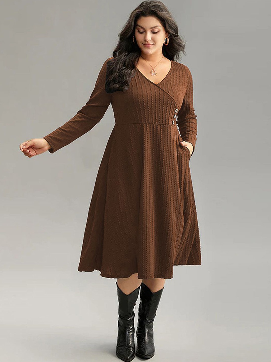 

JC Mode Women Plus Size Self Design Fit & Flare Midi Dress, Brown