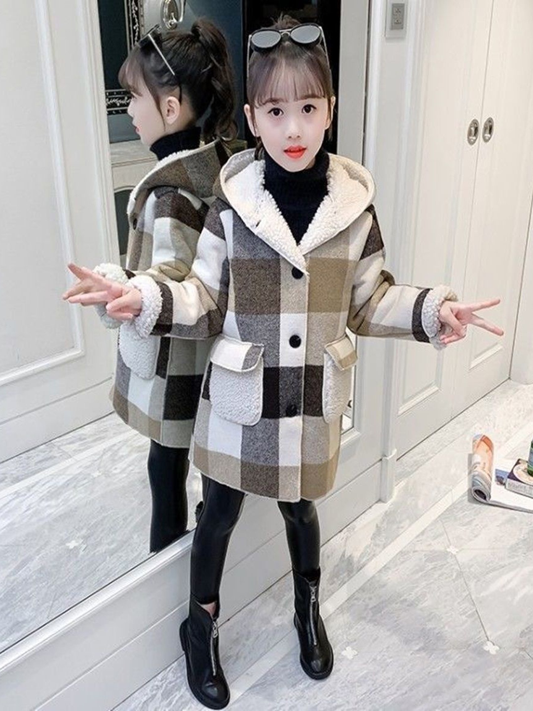 

Xsole Kids Checked Hooded Single-Breasted Overcoat, Beige