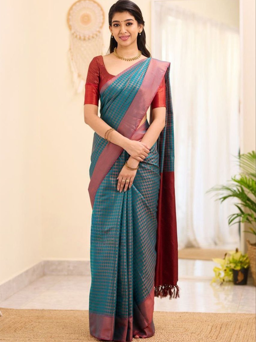 

Wuxi Woven Design Pure Silk Banarasi Saree, Sea green