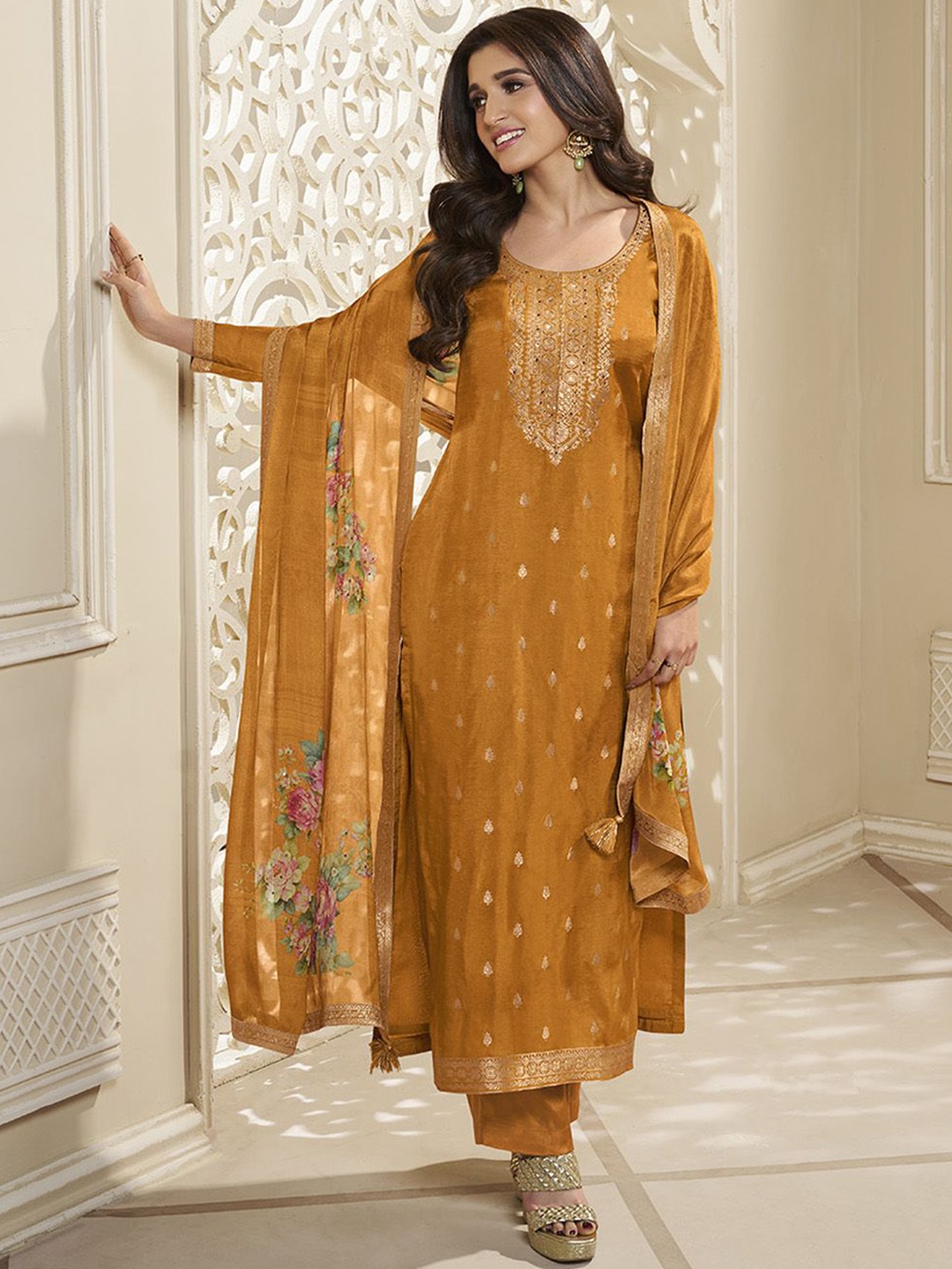 

Seerat Women Ethnic Motifs Regular Pure Silk Kurti with Trousers & With Dupatta, Mustard