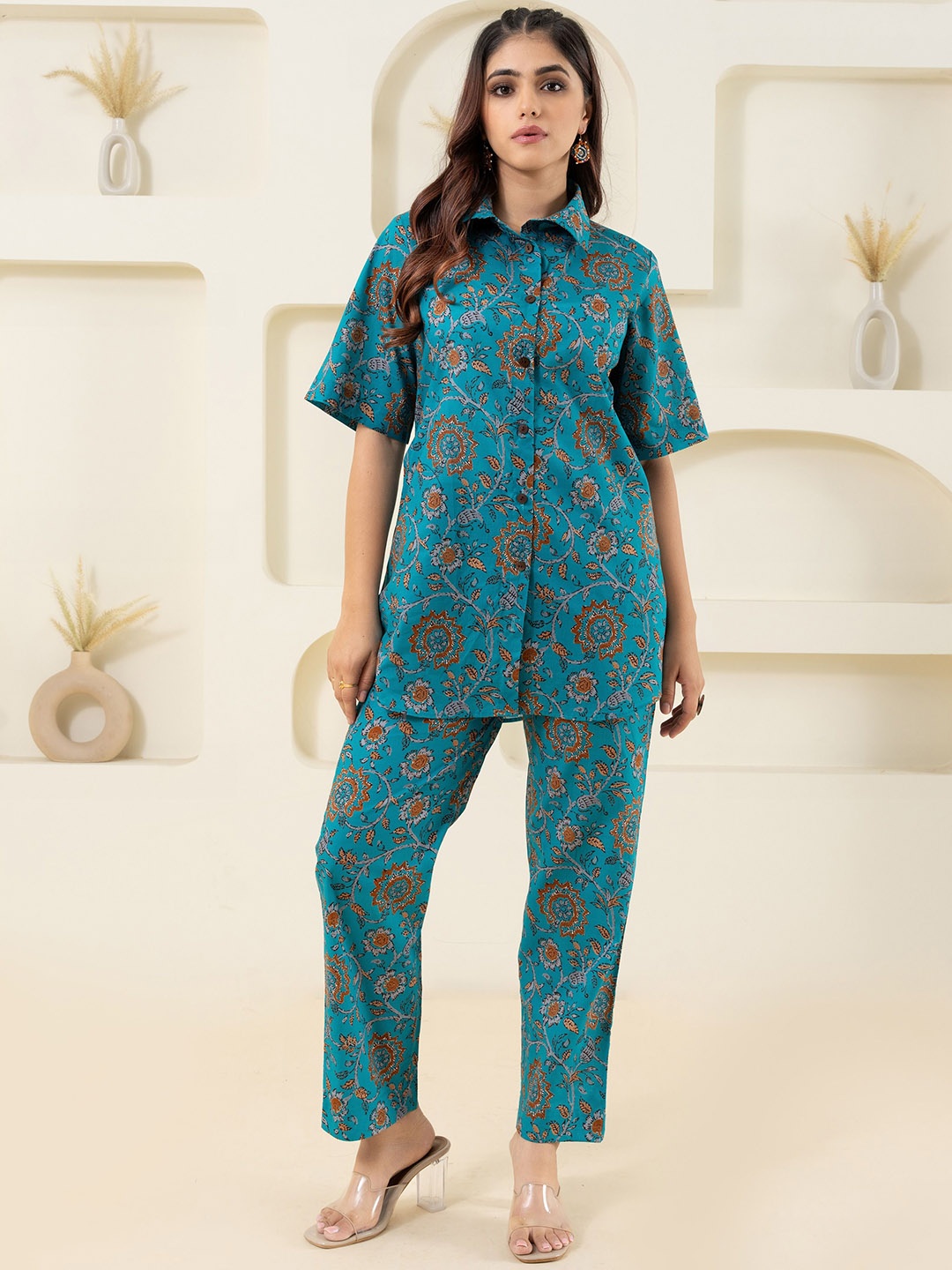 

GULABOSITABO Floral Printed Pure Cotton Shirt With Trousers, Teal