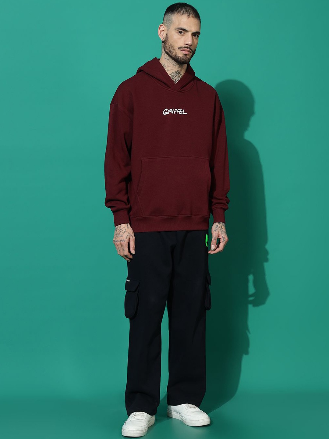 

GRIFFEL Men Printed Oversized Hooded Sweatshirt & Trackpants, Maroon