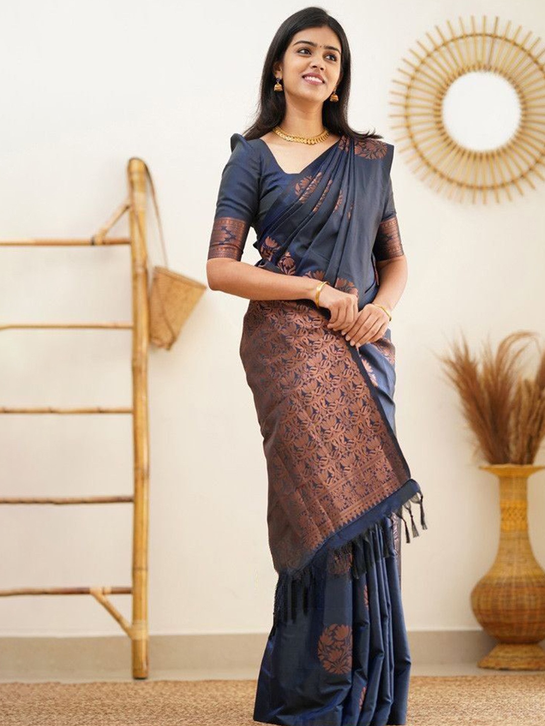 

Jinax Woven Design Zari Pure Silk Banarasi Saree, Blue