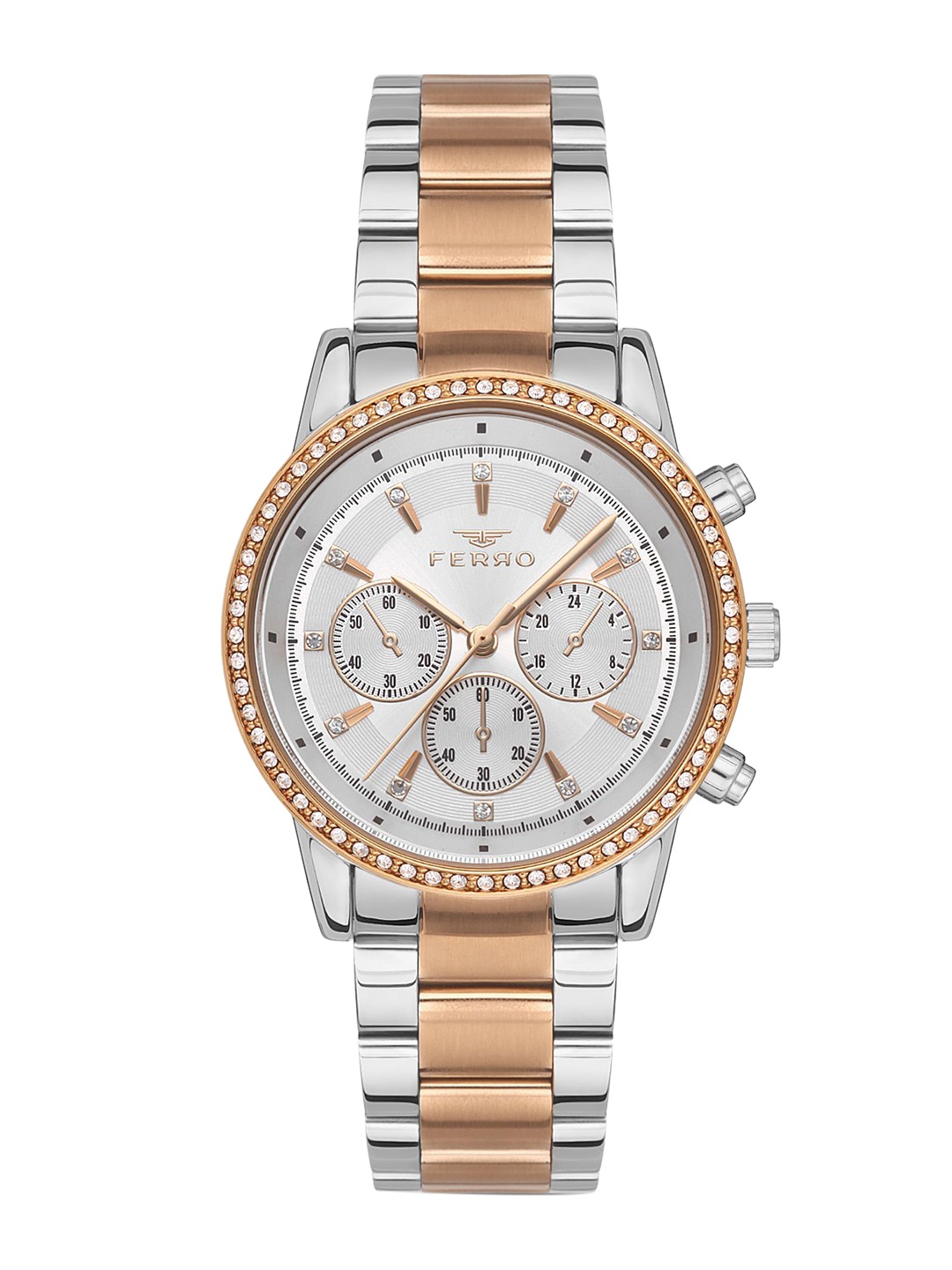 

Ferro Women Brass Dial & Stainless Steel Bracelet Style Straps Analogue Chronograph Watch FL41258A-E, Silver