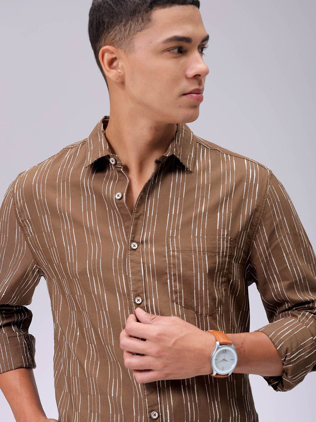 

The Indian Garage Co Men Slim Fit Multi Stripes Opaque Striped Casual Shirt, Brown