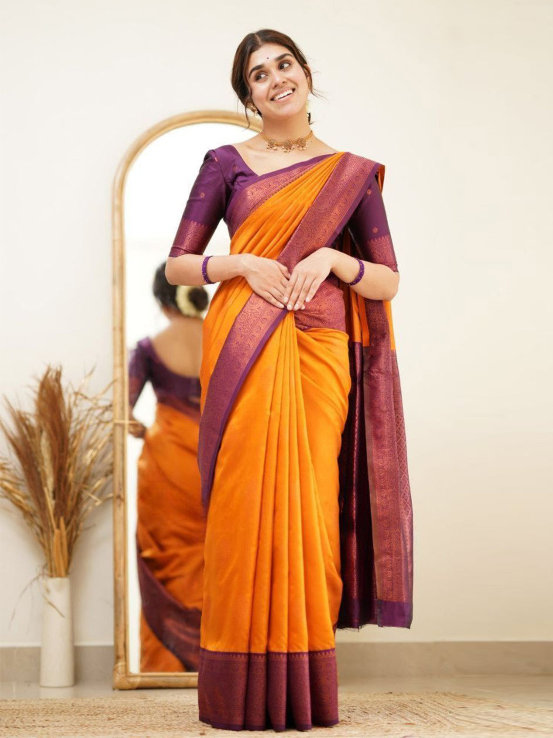 

Jinax Woven Design Zari Pure Silk Banarasi Saree, Gold
