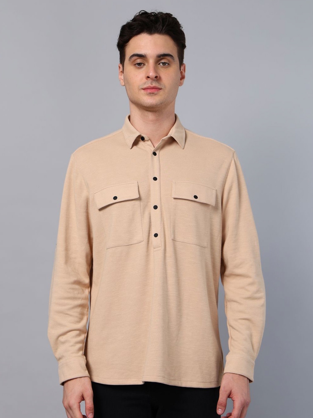 

Slowave Men Polo Collar Pockets T-shirt, Beige