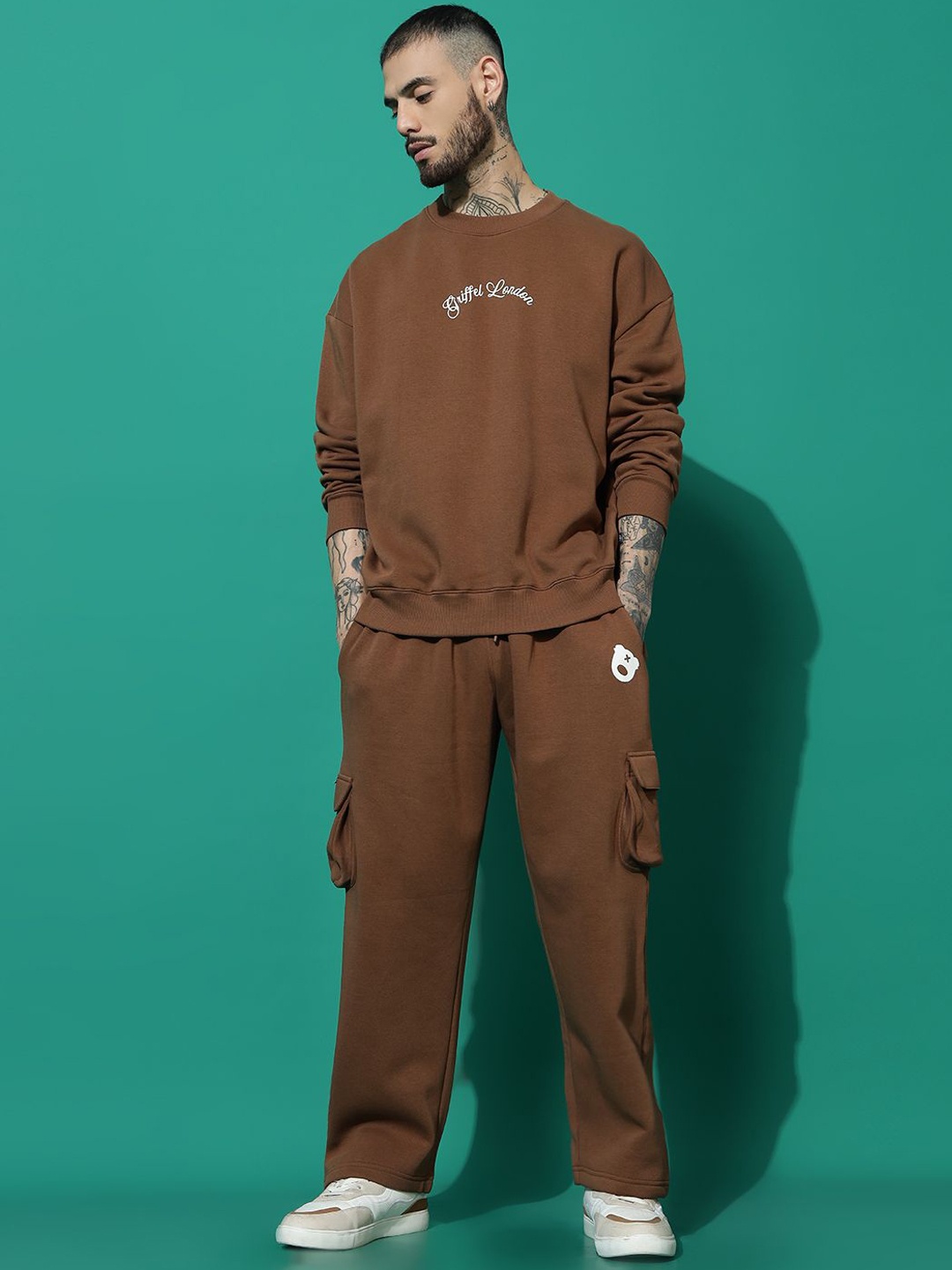 

GRIFFEL Men Brand Logo Printed Mid Rise Tracksuits, Coffee brown