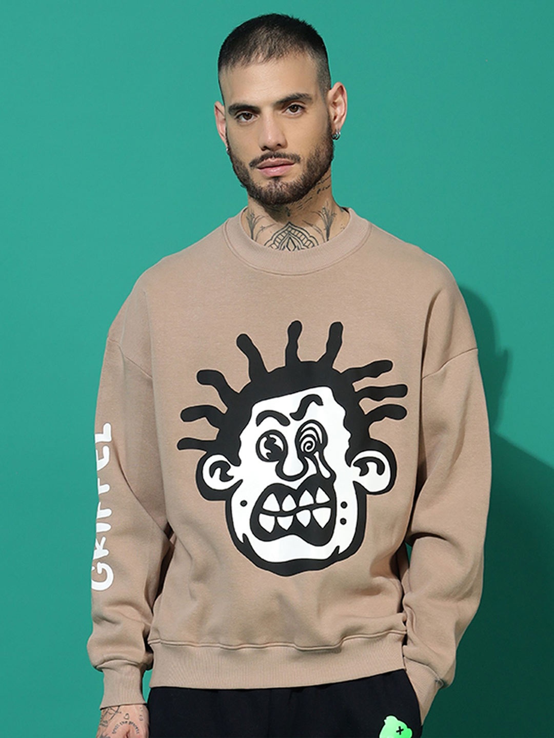 

GRIFFEL Men Printed Pullover Sweatshirt, Camel brown