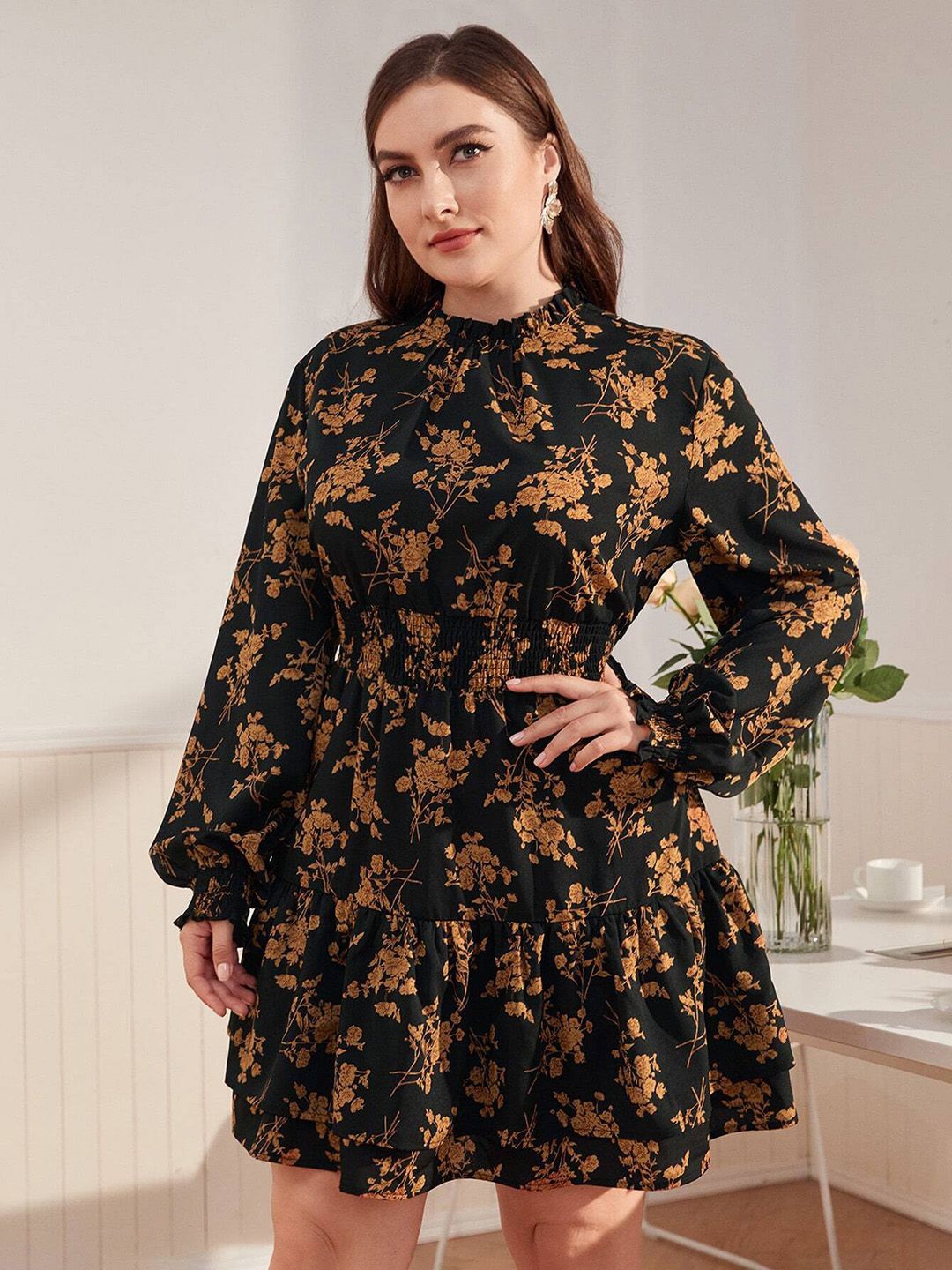 

JC Mode Women Floral Printed Puff Sleeve Fit & Flare Dress, Black