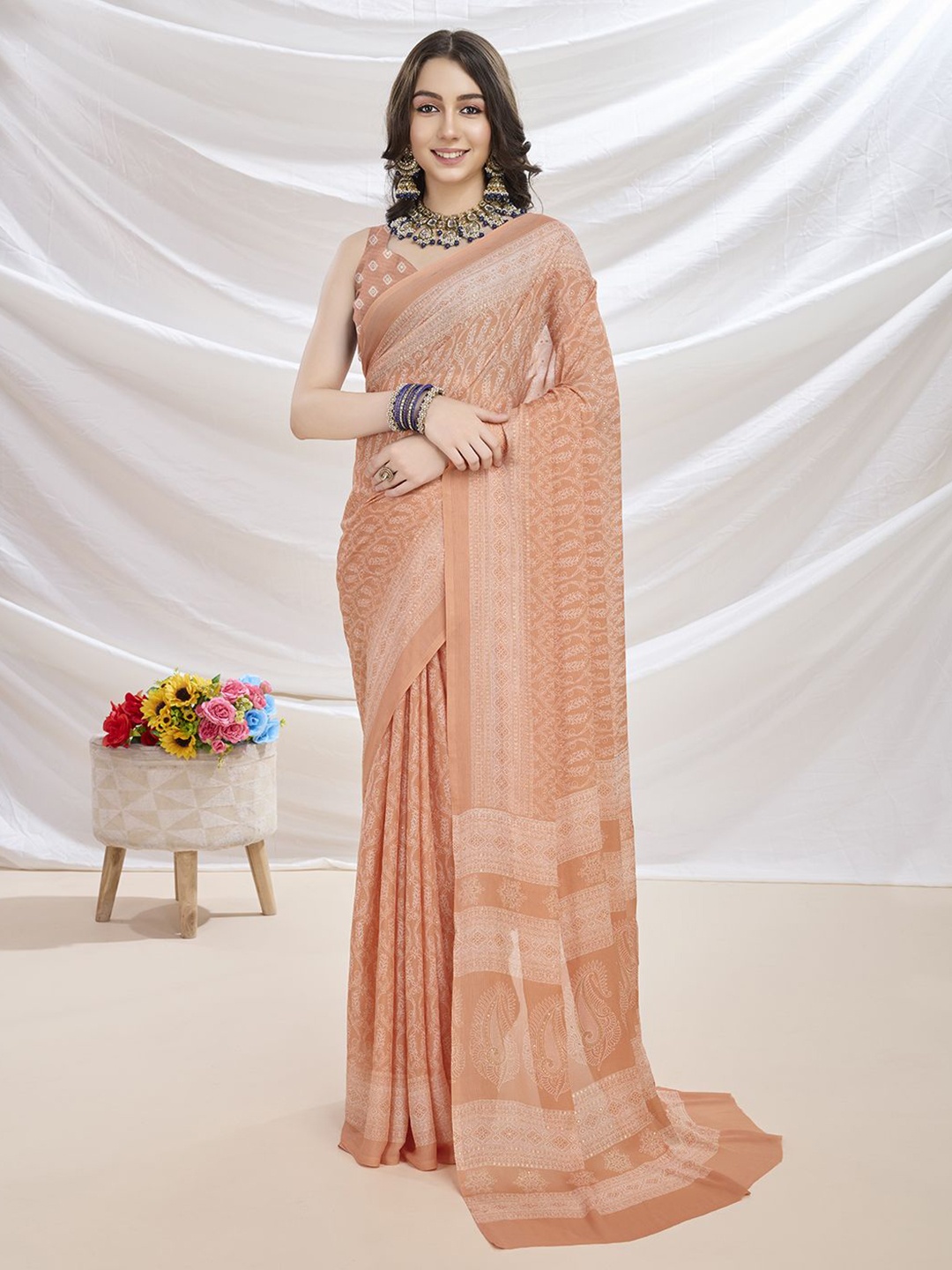 

KALINI Floral Poly Georgette Saree, Peach