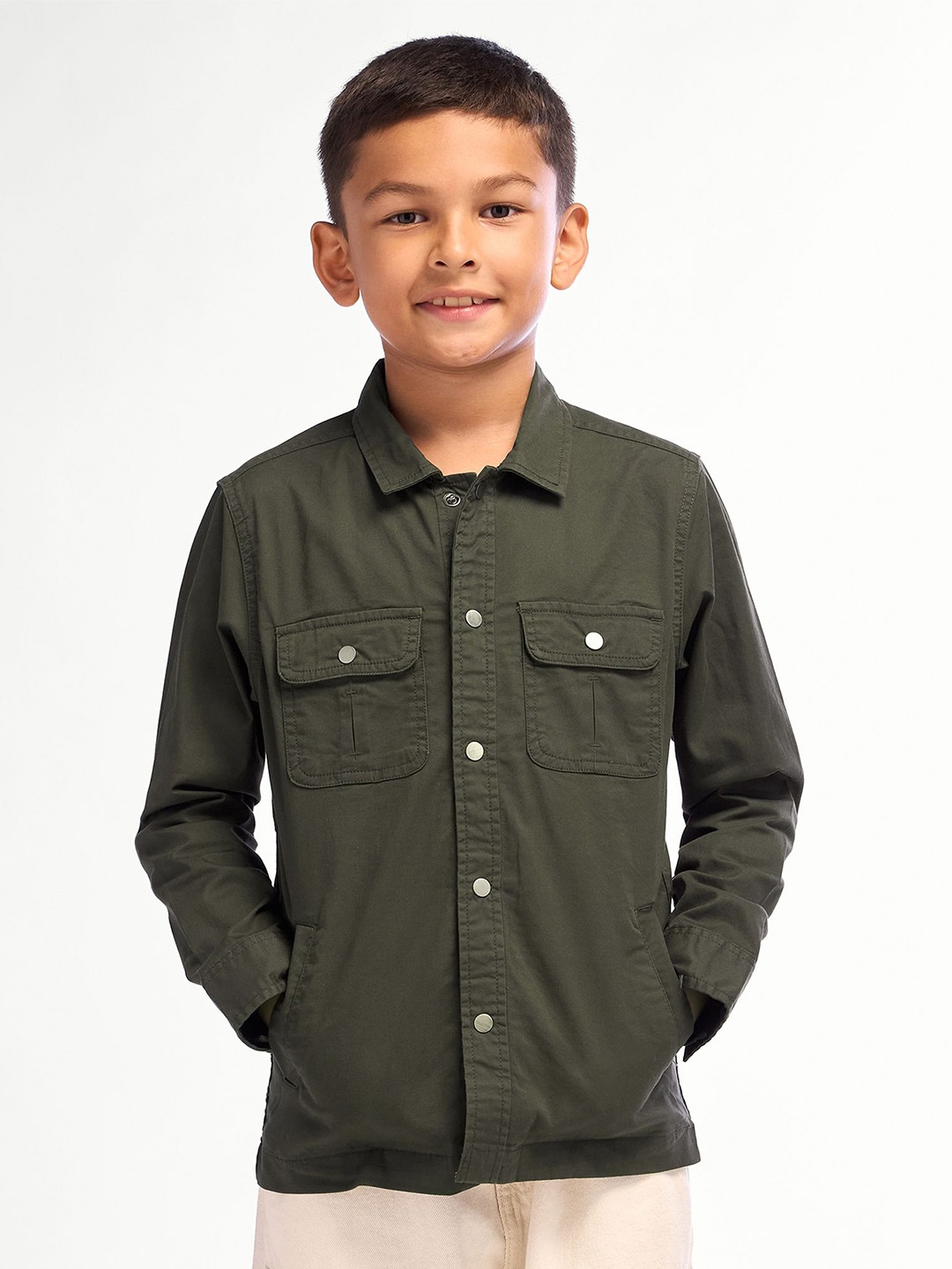 

NO MONDAYS Boys Solid Double Pocket Oxford Over Shirt, Olive