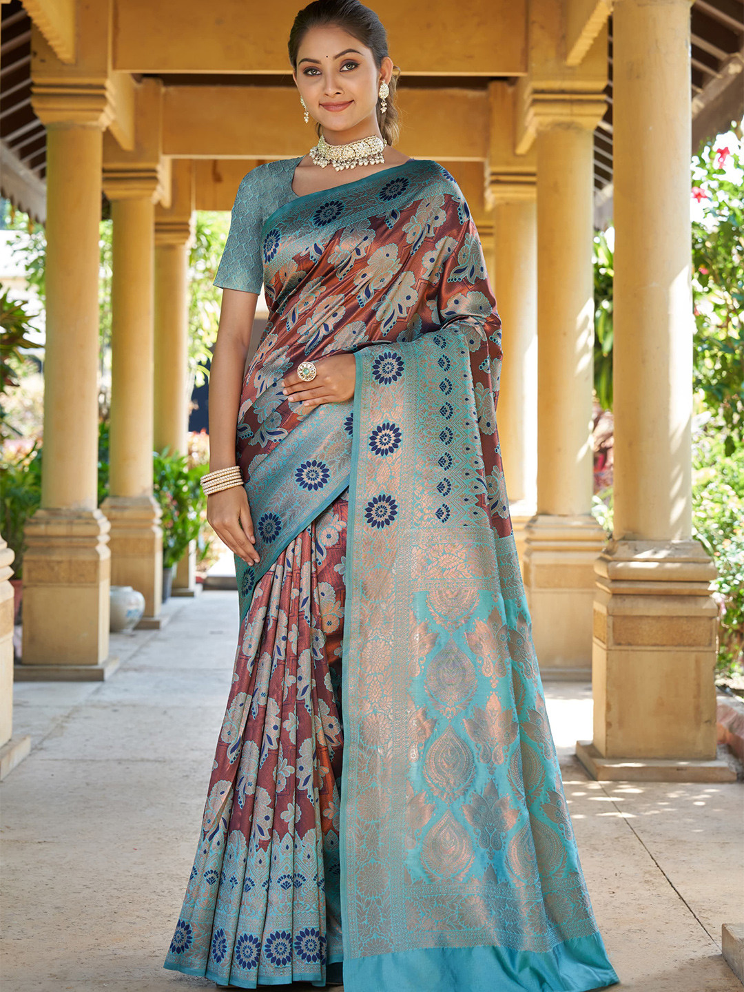 

Wuxi Woven Design Pure Silk Banarasi Saree, Brown