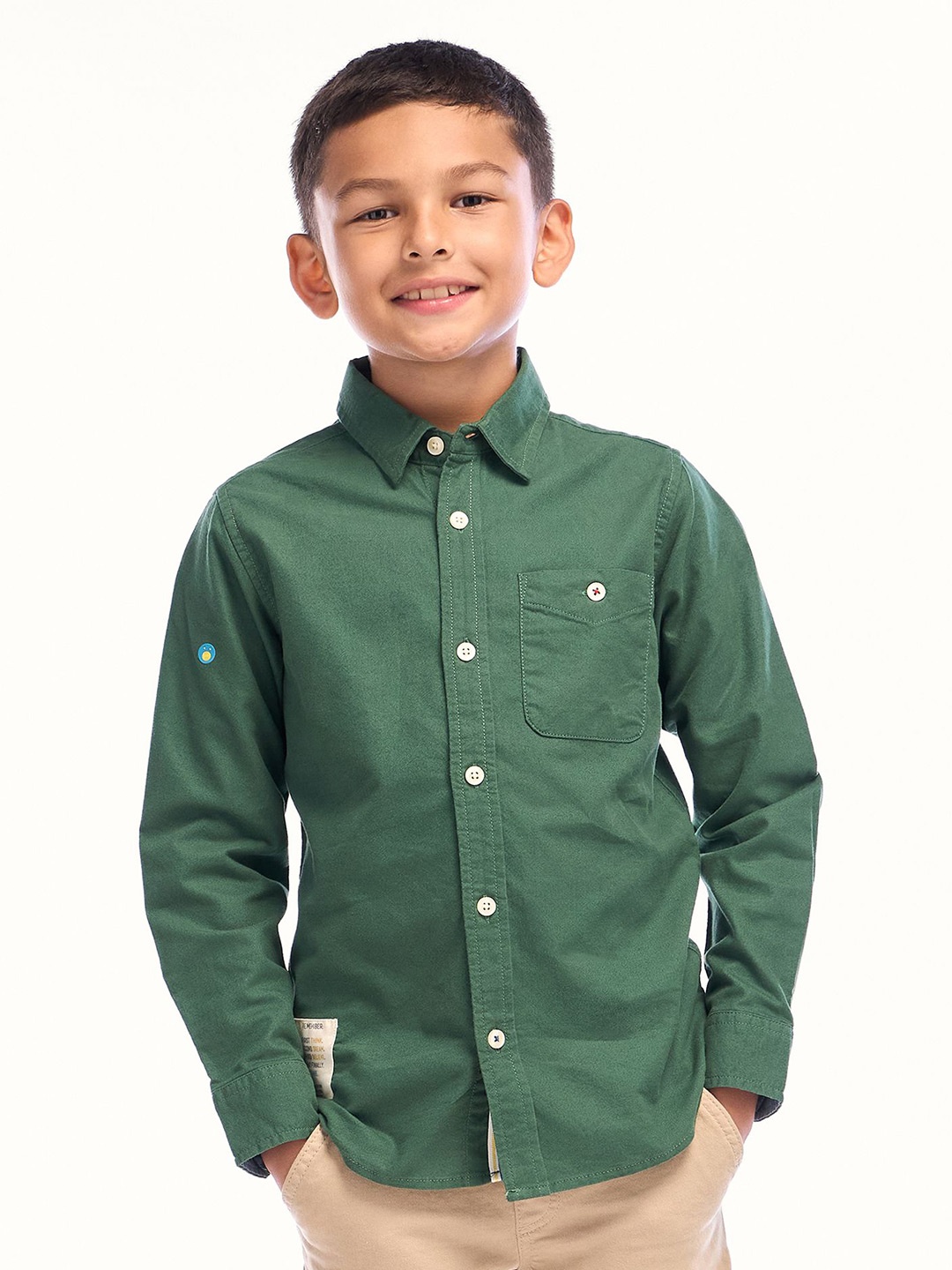 

NO MONDAYS Boys Solid Peach Finish Oxford Pure Cotton Shirt, Green