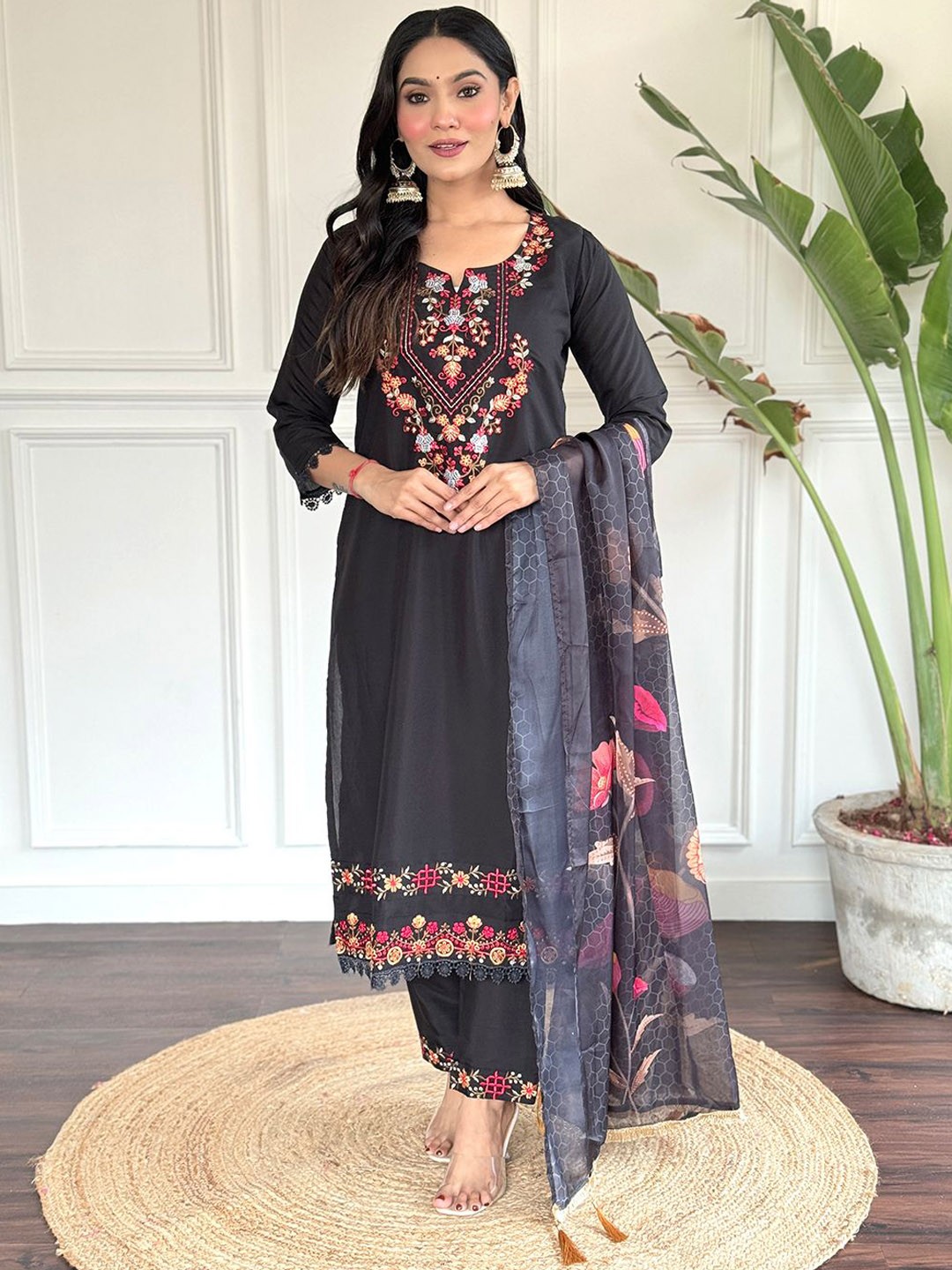 

Lilots Women Embroidered Regular Kurta with Trousers & With Dupatta, Black