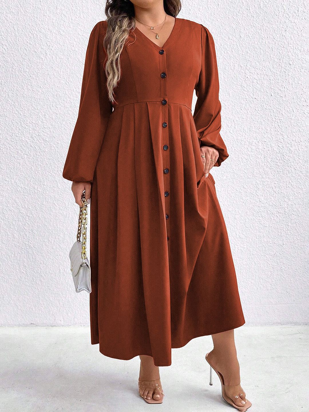

JC Mode Women V-Neck A-Line Midi Dress, Brown