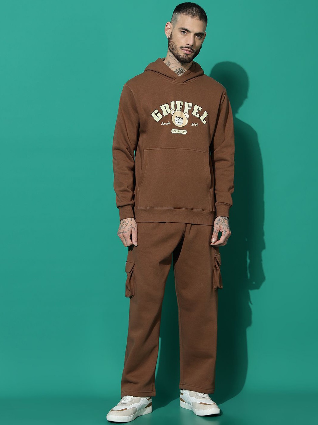 

GRIFFEL Men Printed Long Sleeves Mid-Rise Tracksuits, Coffee brown