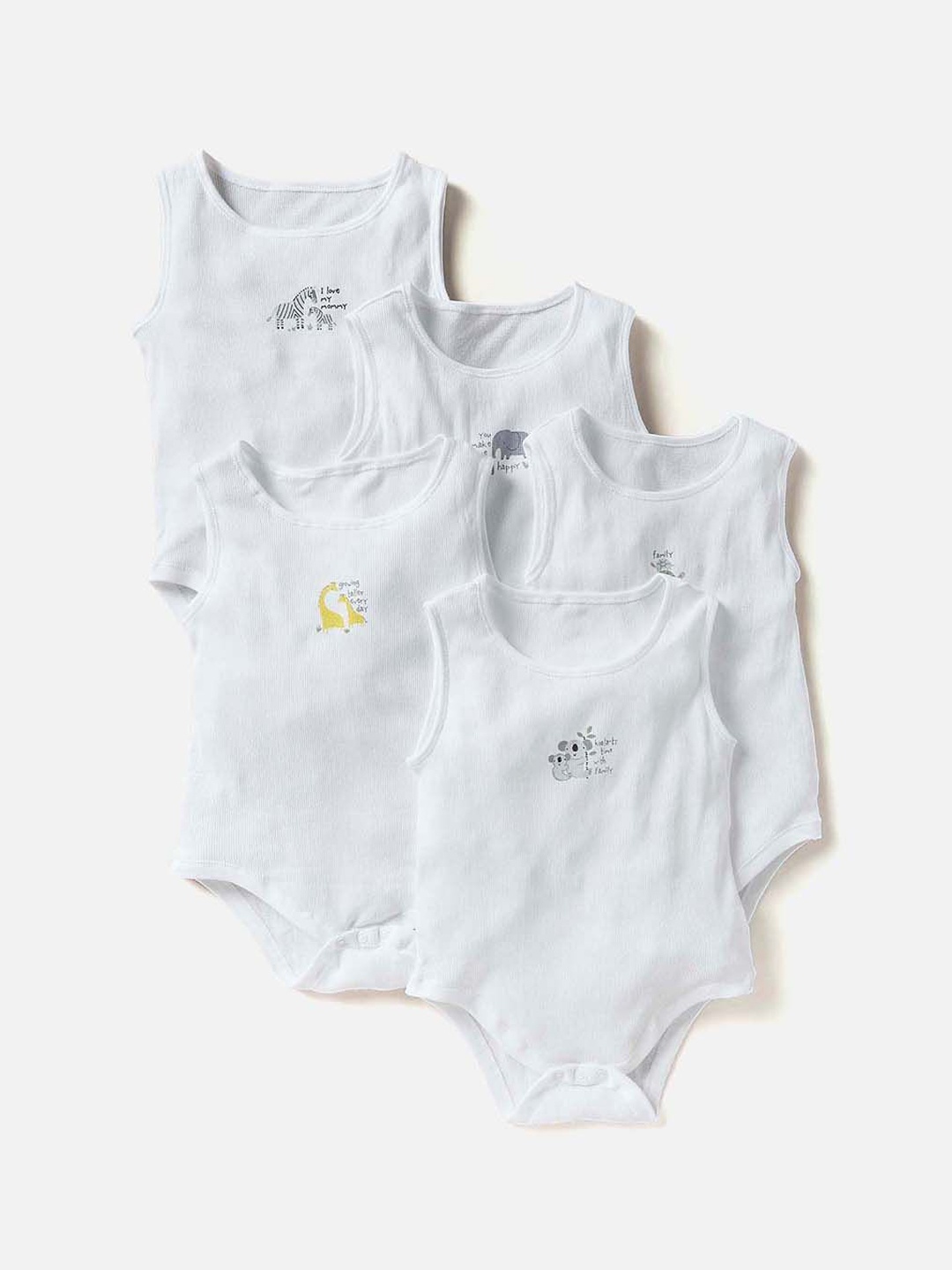 

Juniors by Babyshop Infant Boys Pack Of 5 Printed Pure Cotton Bodysuits, White