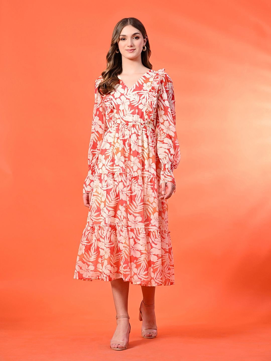 

Fuchsia Floral Print A-Line Maxi Dress, Red