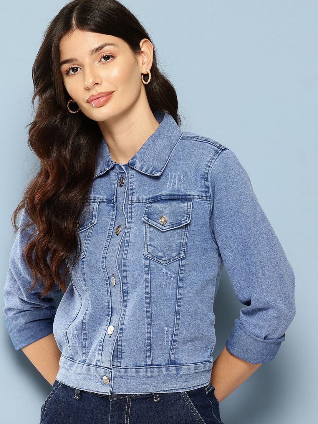 

BAESD Women Washed Cotton Lightweight Crop Denim Jacket with Embroidered, Blue