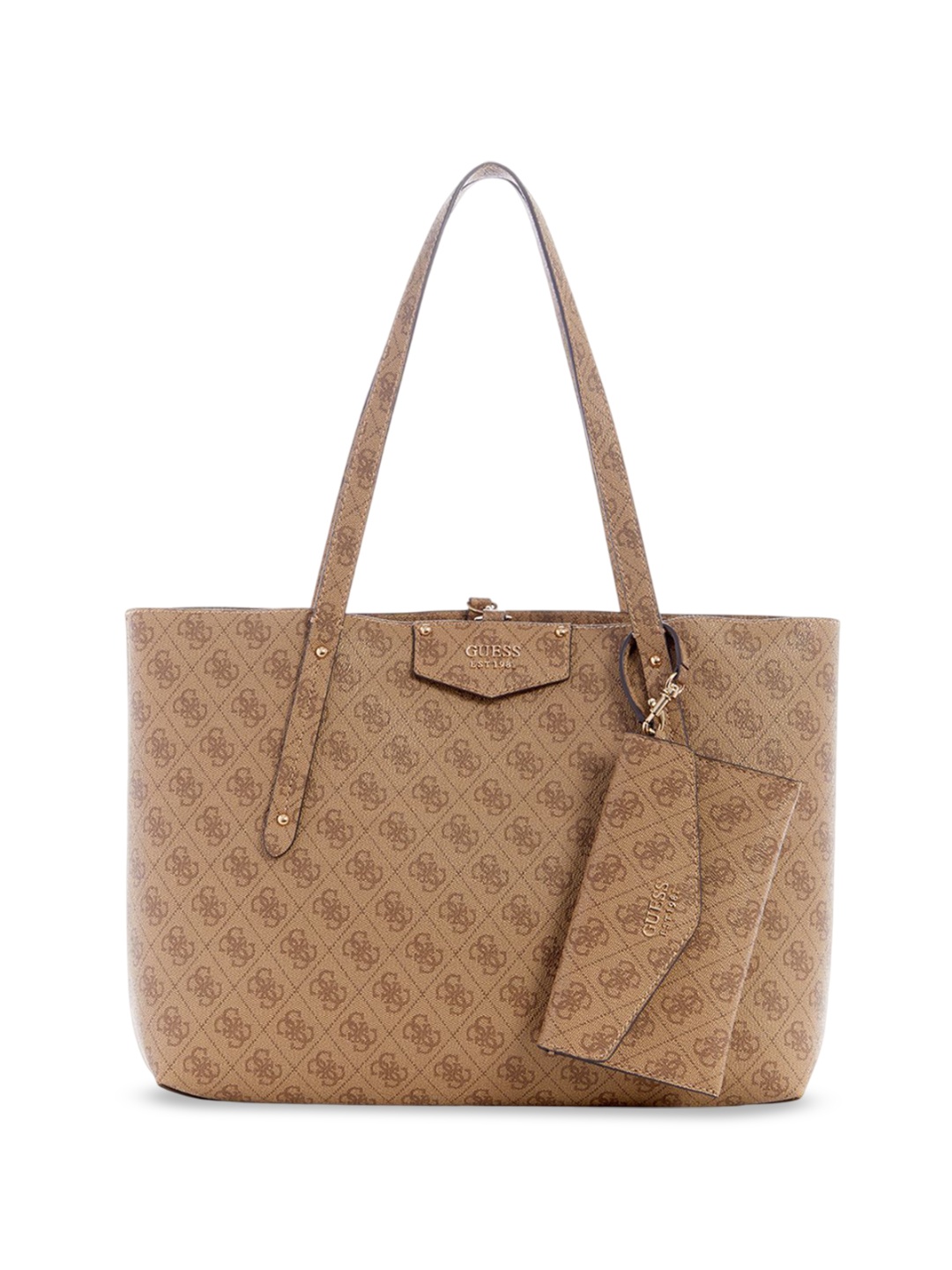 

GUESS Printed PU Shopper Tote Bag with Bow Detail, Brown