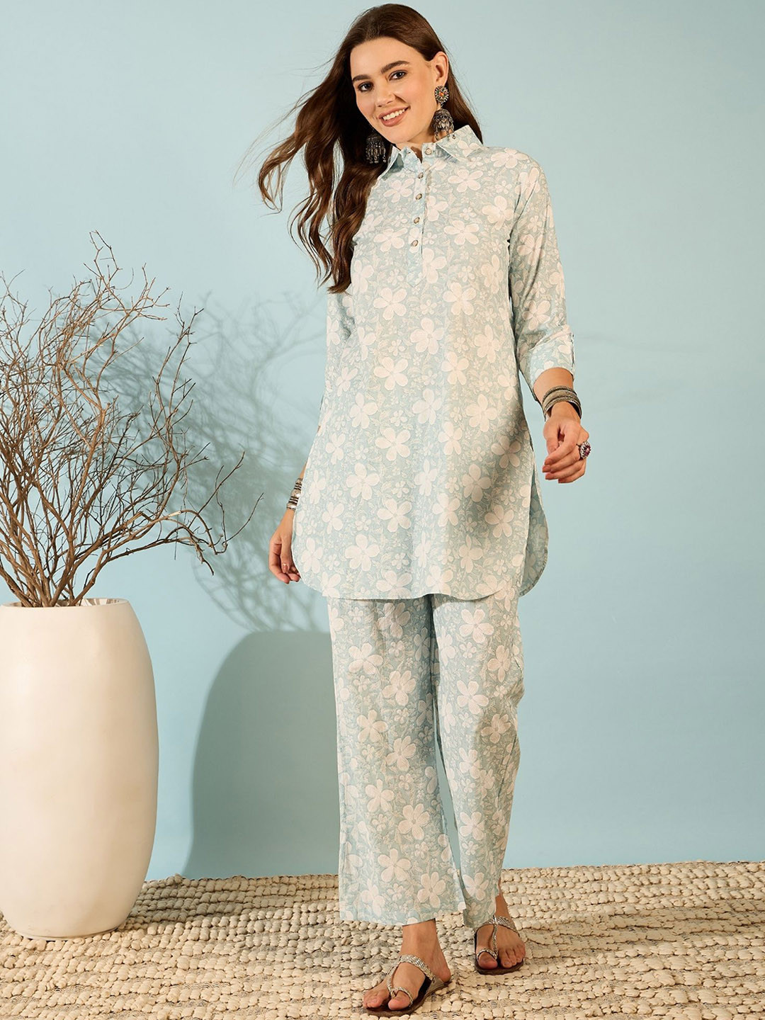 

DIVASTRI Printed Cotton Tunic & Trousers Co-Ords, Blue