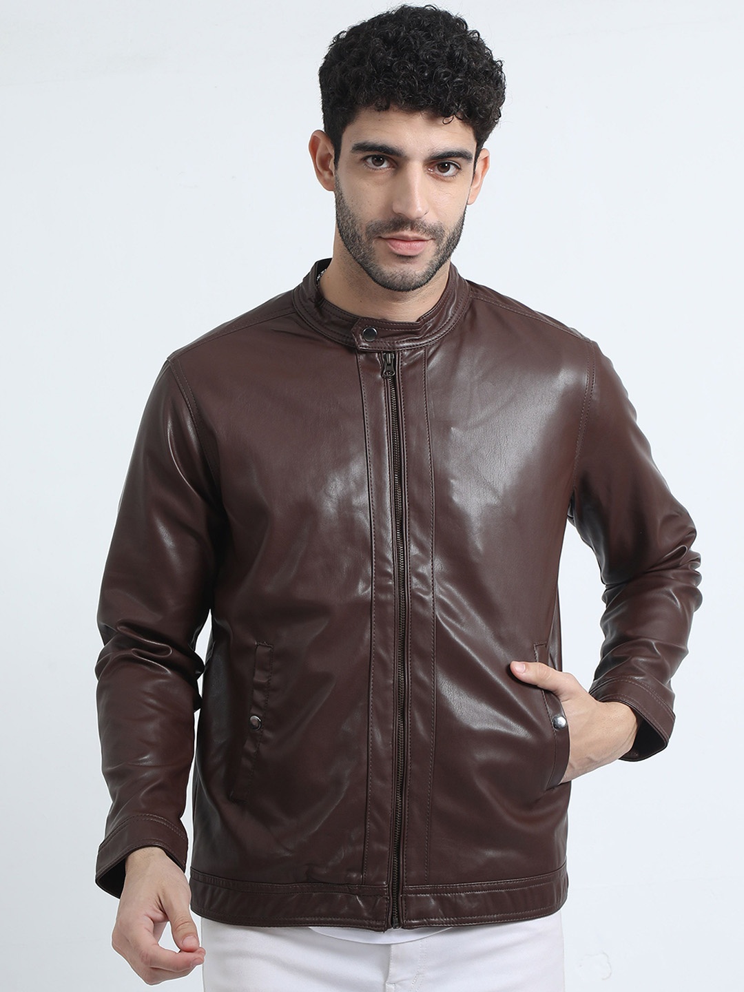

RIGS AND RAGS Men Outdoor Biker Jacket with Patchwork, Brown