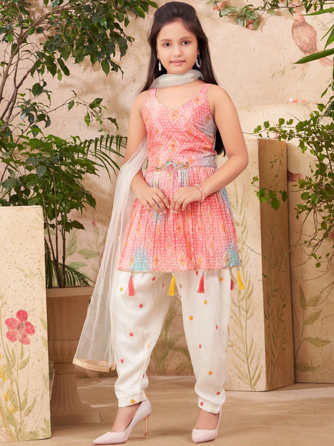 

BAESD Girls Embroidered Pleated Thread Work Pure Silk Kurta with Dhoti Pants & With Dupatta, Peach