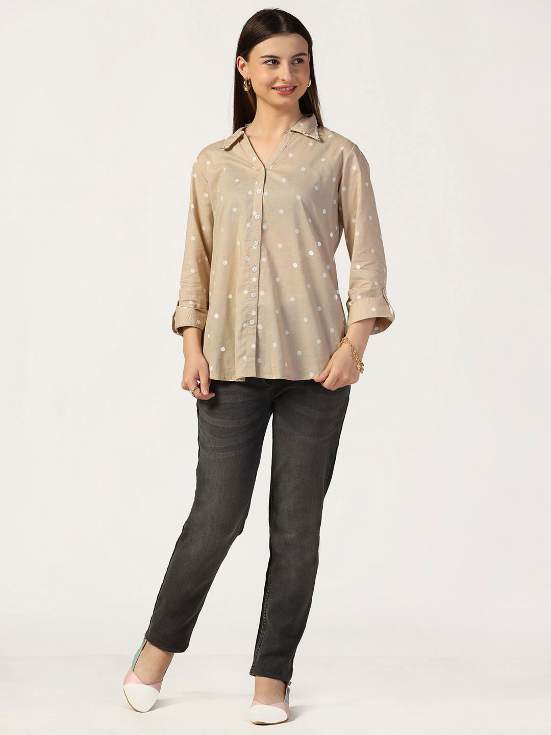

Mustard Women Opaque Printed Casual Shirt, Beige
