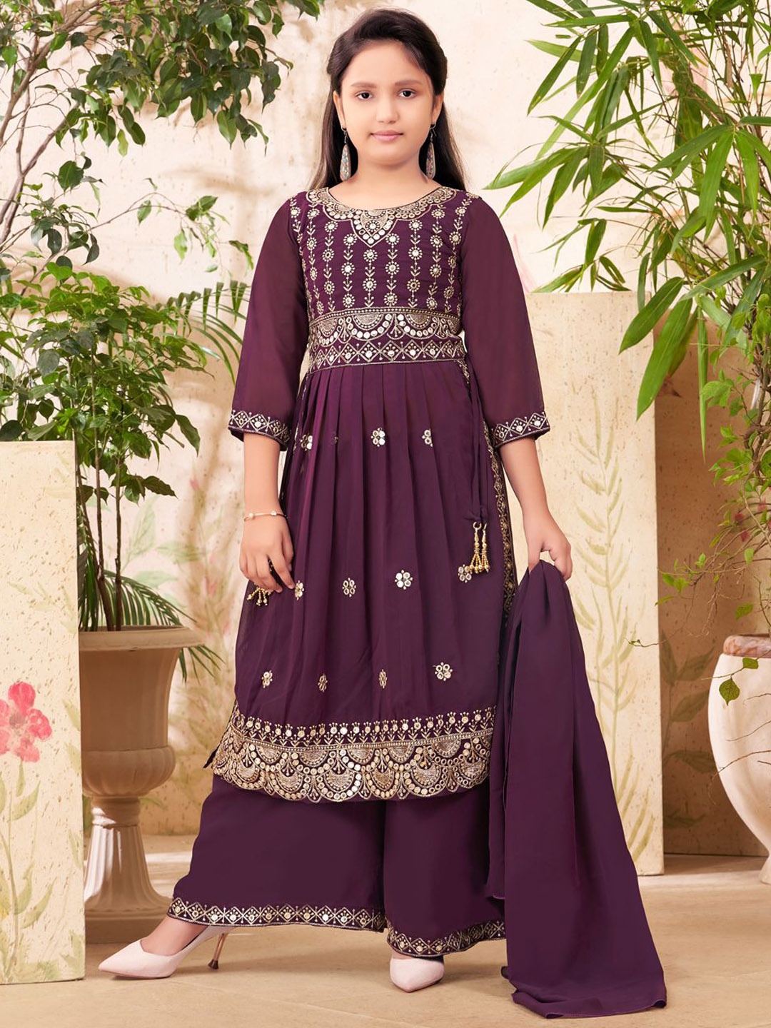 

BAESD Girls Floral Embroidered Empire Thread Work Kurta with Sharara & With Dupatta, Burgundy