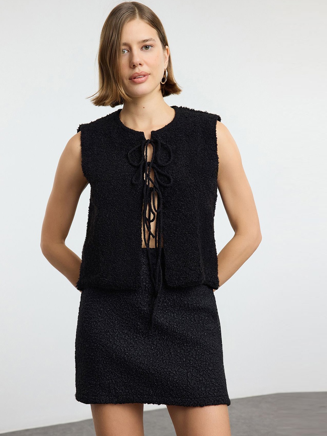 

Trendyol Textured Tie- Up Front Overcoat, Black