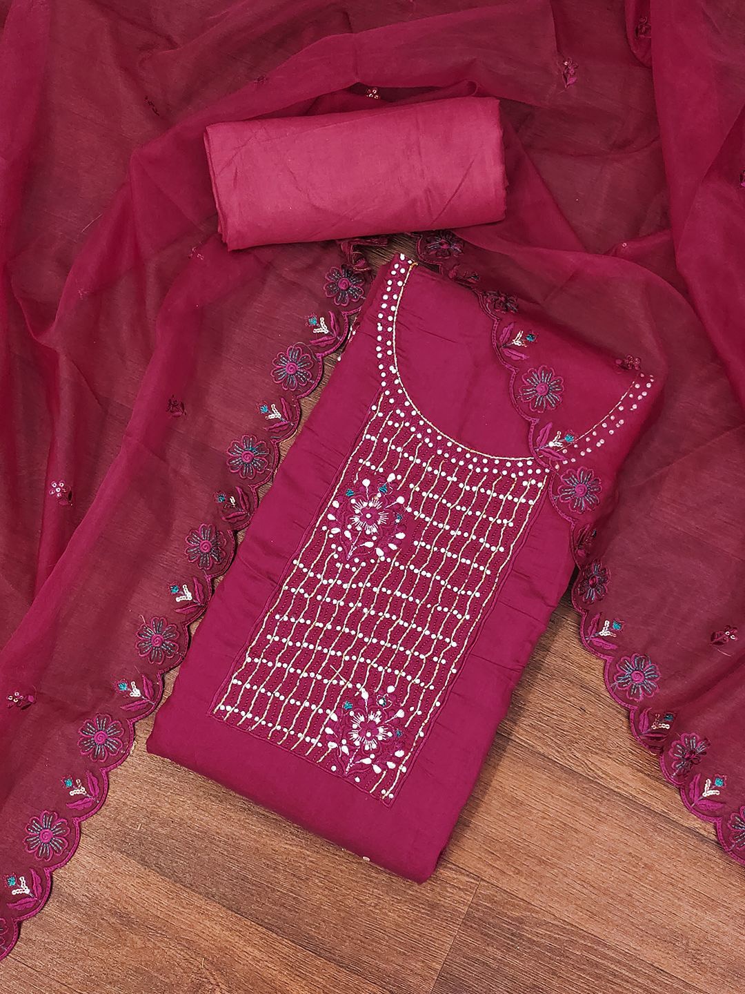 

Lilots Embroidered Unstitched Dress Material, Maroon