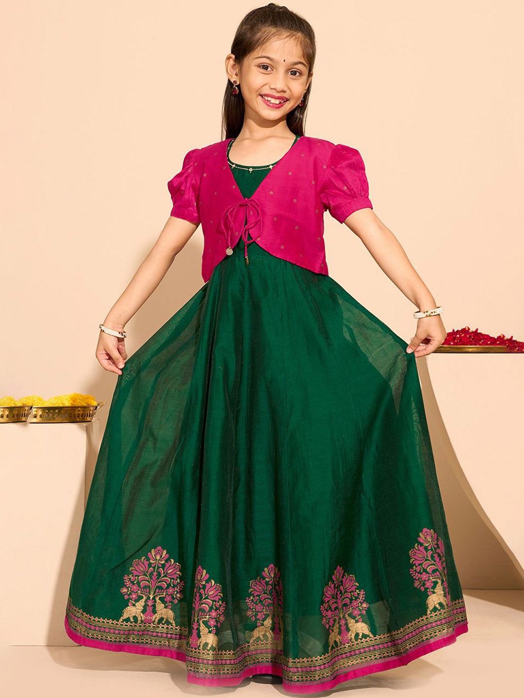 

Maybell Girls Ethnic Embroidered A-Line Chanderi Silk Ethnic Dress, Green